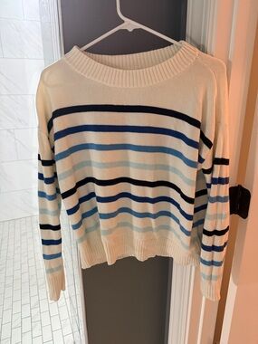 Talbots Cream Crewneck Sweater with Navy and Light Blue Stripes